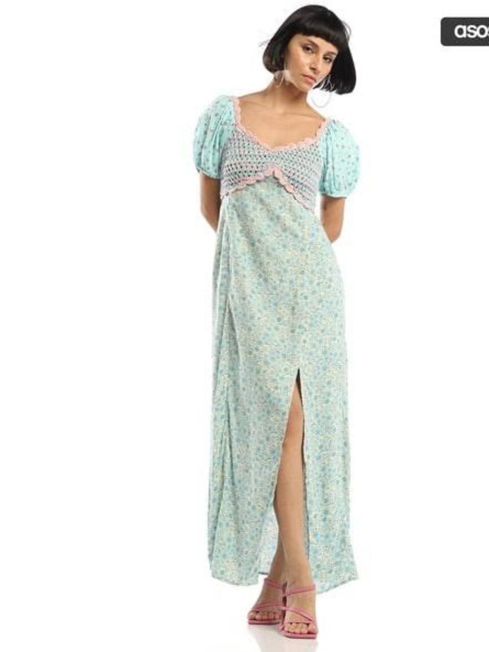 Floral Puff-Sleeve Maxi Dress with Crochet Trim - Mint